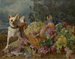 Dog Guarding a Basket of Grapes — Snyders